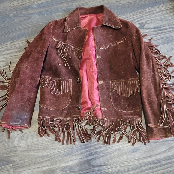 Other - Youth Kids Vintage 90's Dark Brown Leather Shaggy Button Up Western Jacket Sz S